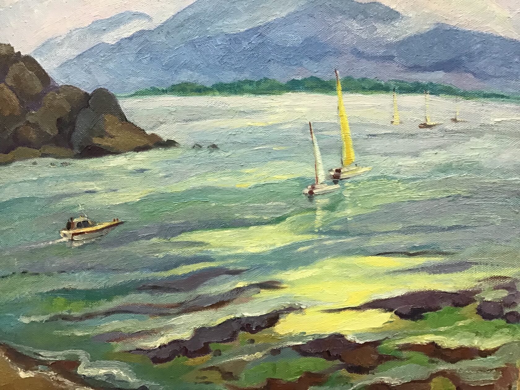 морской пейзаж закатного солнца. Парусники и катера мчат по водной глади