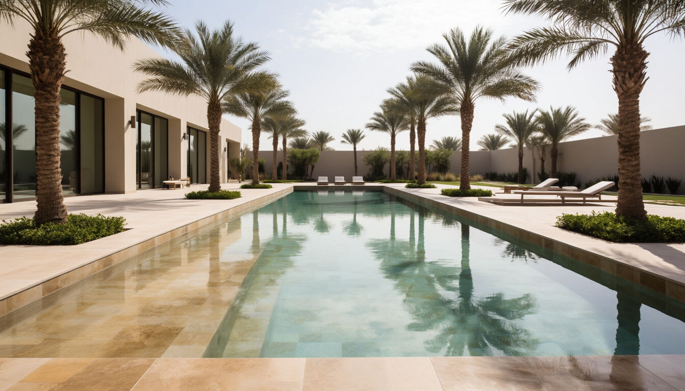 natural stone carpet pool surround in Abu Dhabi