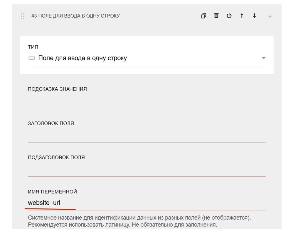 Обычное поле в одну строку с переменной website_url для honeypot-ловушки