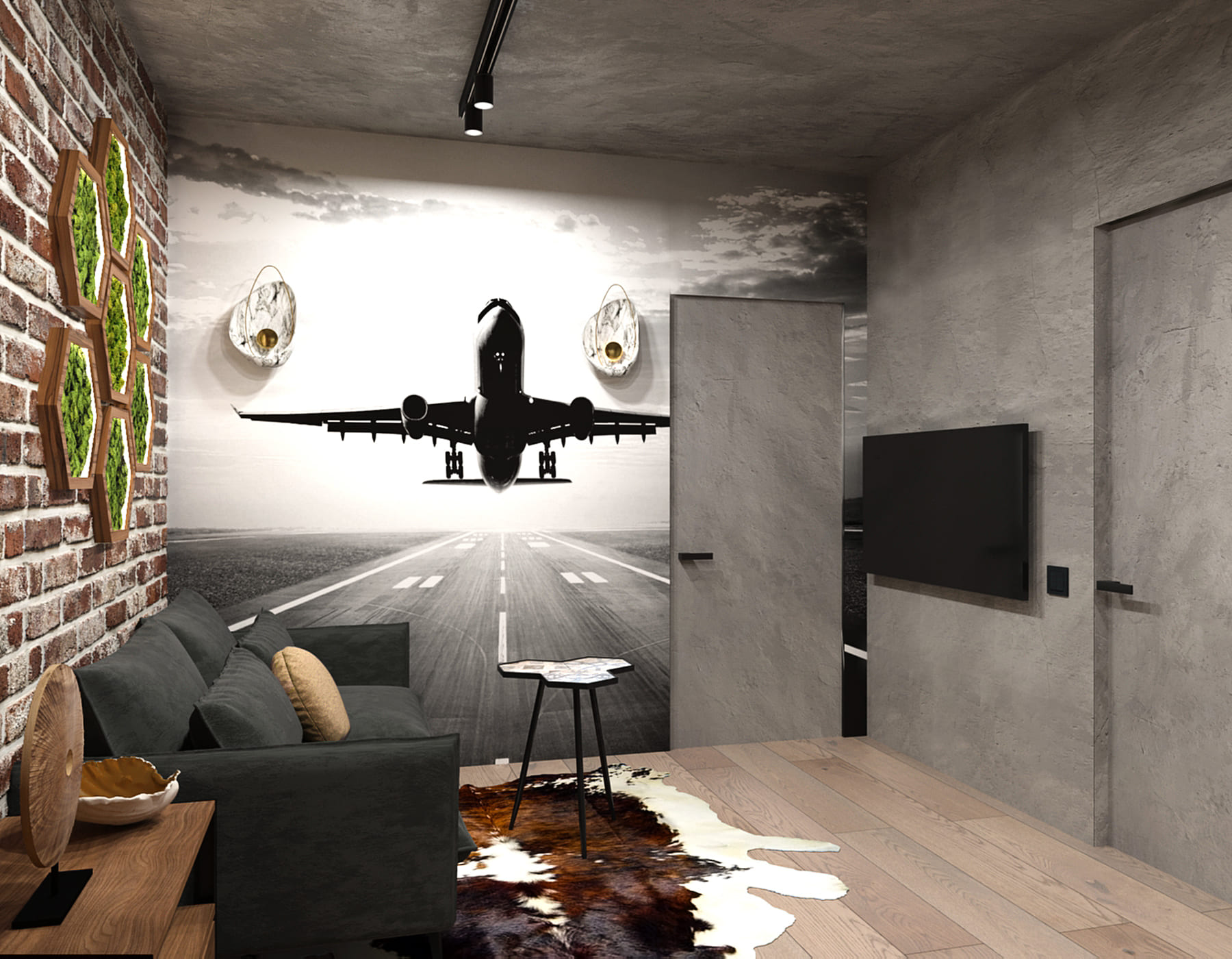 Дизайн гостиной в стиле лофт с декоративной штукатуркой под бетон, чёрно-белыми фотообоями