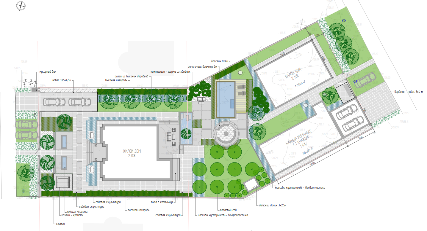 Декоративный водоем с фонтаном в центре сада