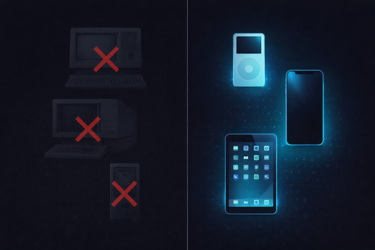 Коллаж провальных и успешных продуктов Apple: Apple III, Lisa, Newton vs iPod, iPhone, iPad