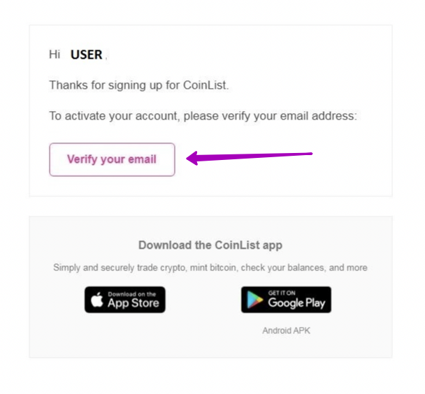 Подтверждение почты Coinlist