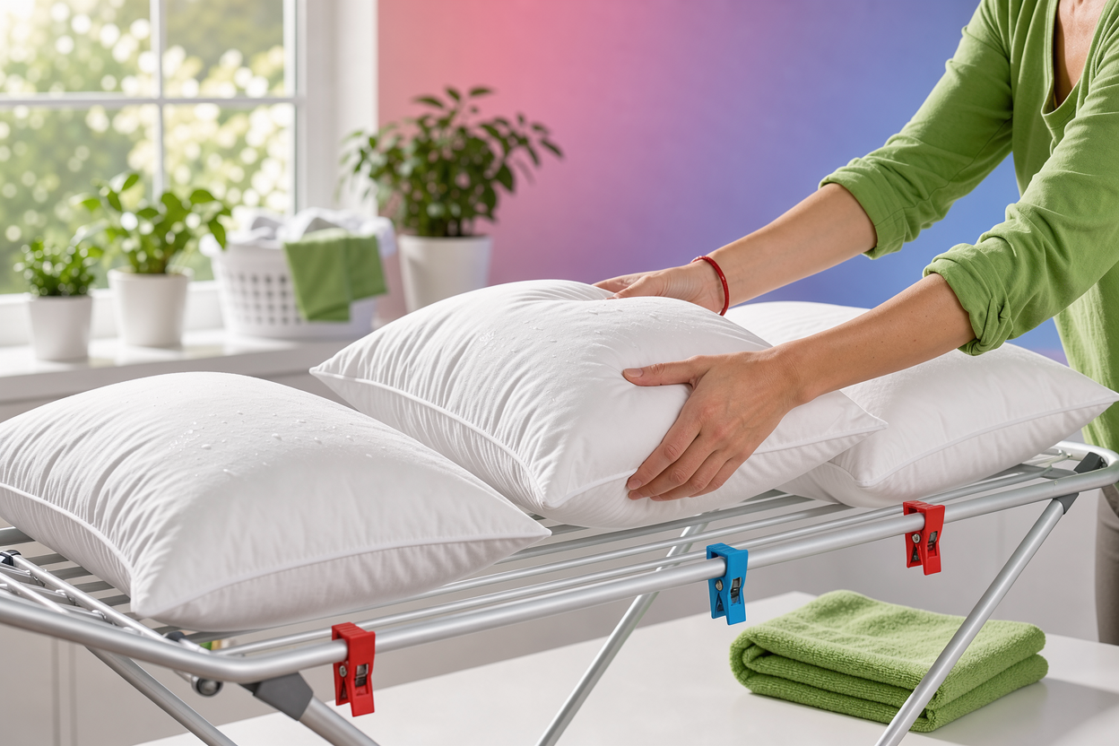 freshly laundered pillows laid flat to dry on a drying rack, someone fluffing them with hands, bright airy room
