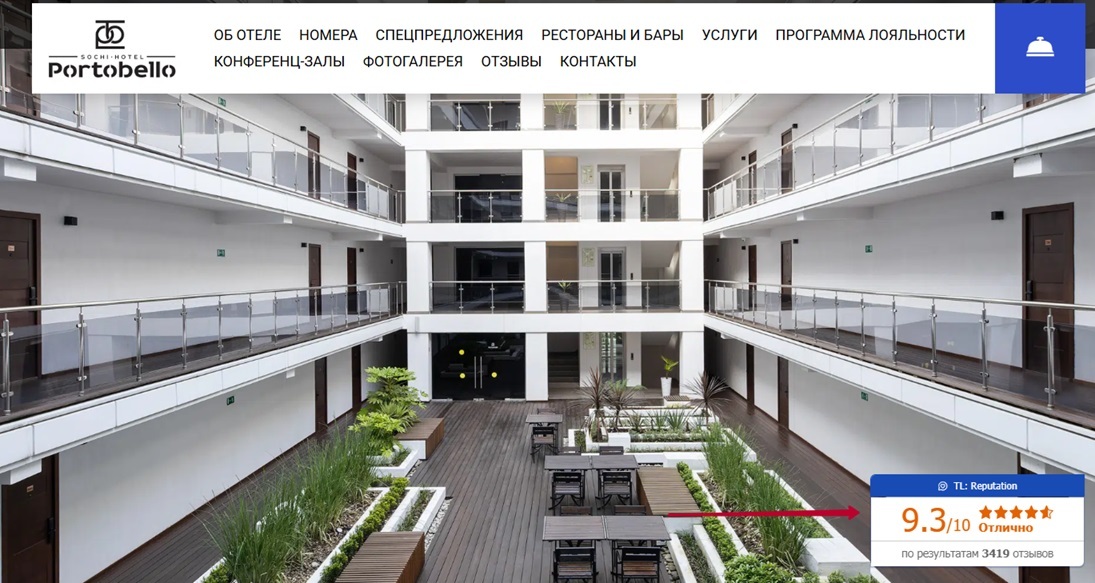 Отображение иконки с рейтингом из TL: Reputation на сайте отеля Portobello Sochi Hotel
