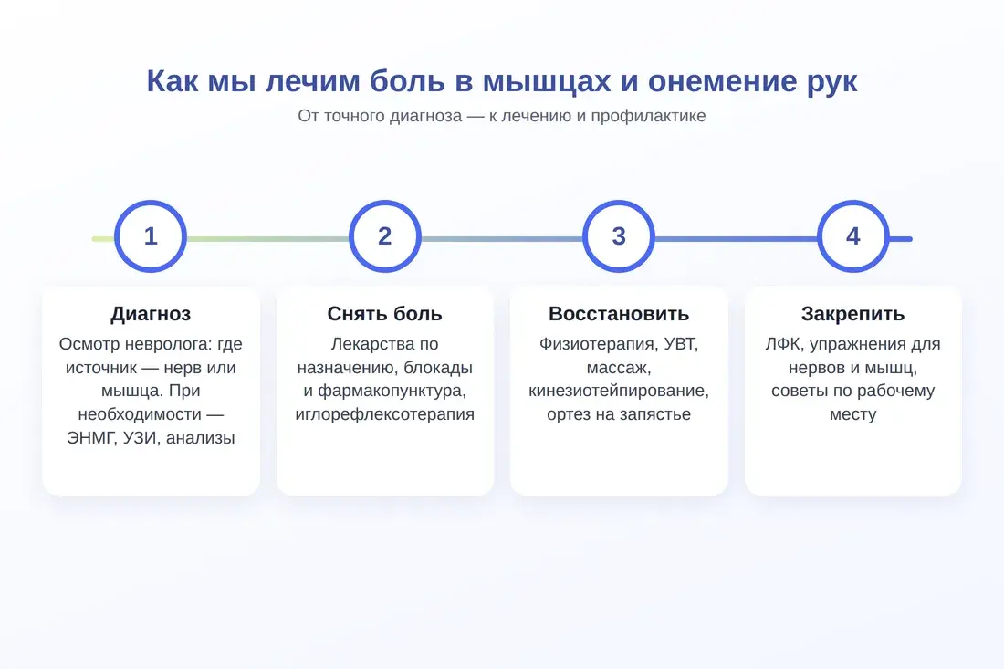 Этапы лечения: диагноз, снятие боли, восстановление, профилактика