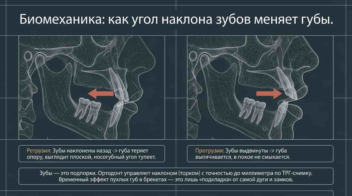 Биомеханика: как угол наклона зубов меняет губы