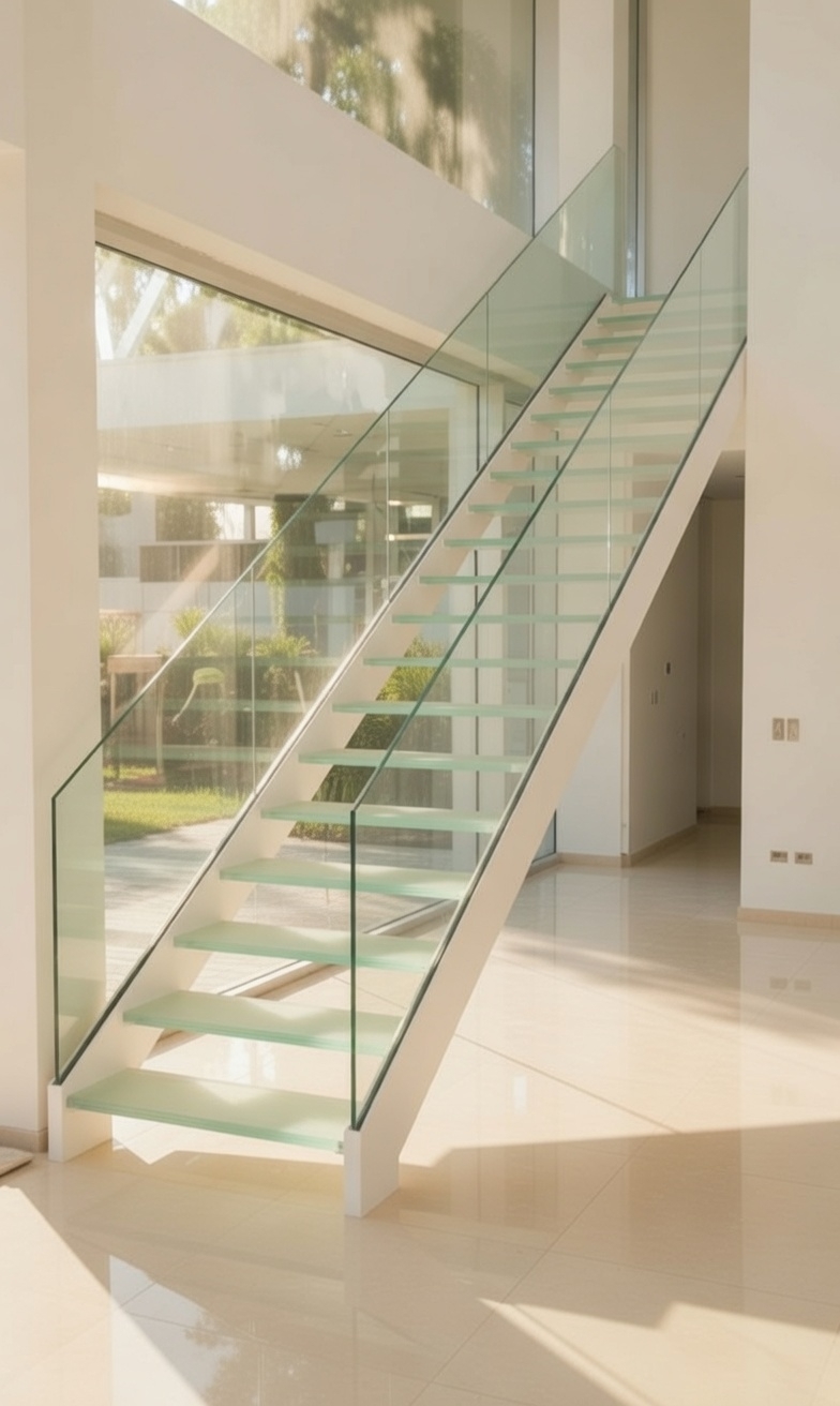 Лестница с стеклянными ступенями и ограждением.