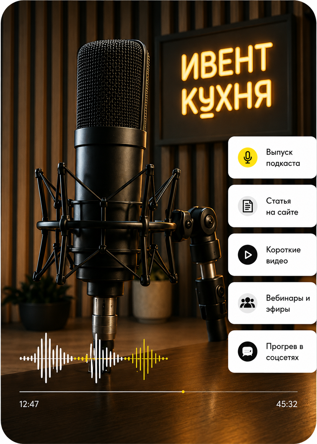Ивент Кухня подкаст — микрофон в студии с плашками услуг
