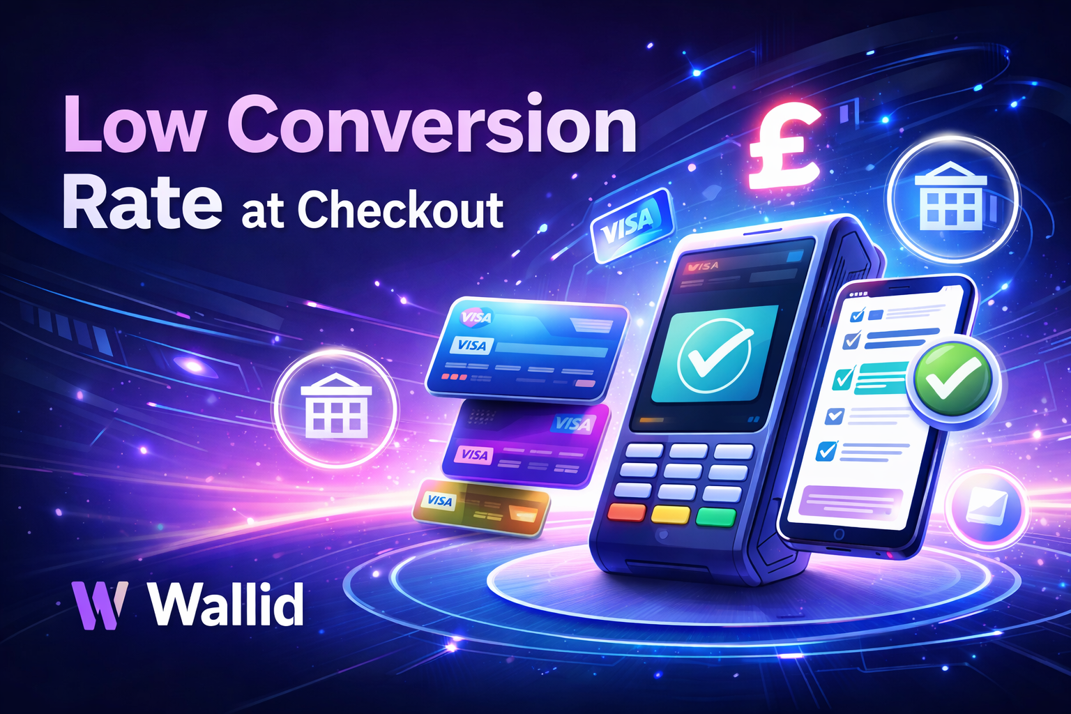 Futuristic illustration showing low conversion rate at checkout with payment terminal, cards, bank icons and Wallid pay-by-bank branding.
