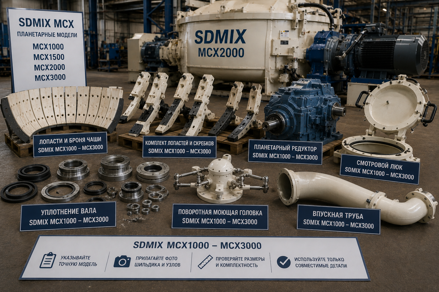 Запчасти SDMIX MCX1000–MCX3000: броня, привод и мойка
