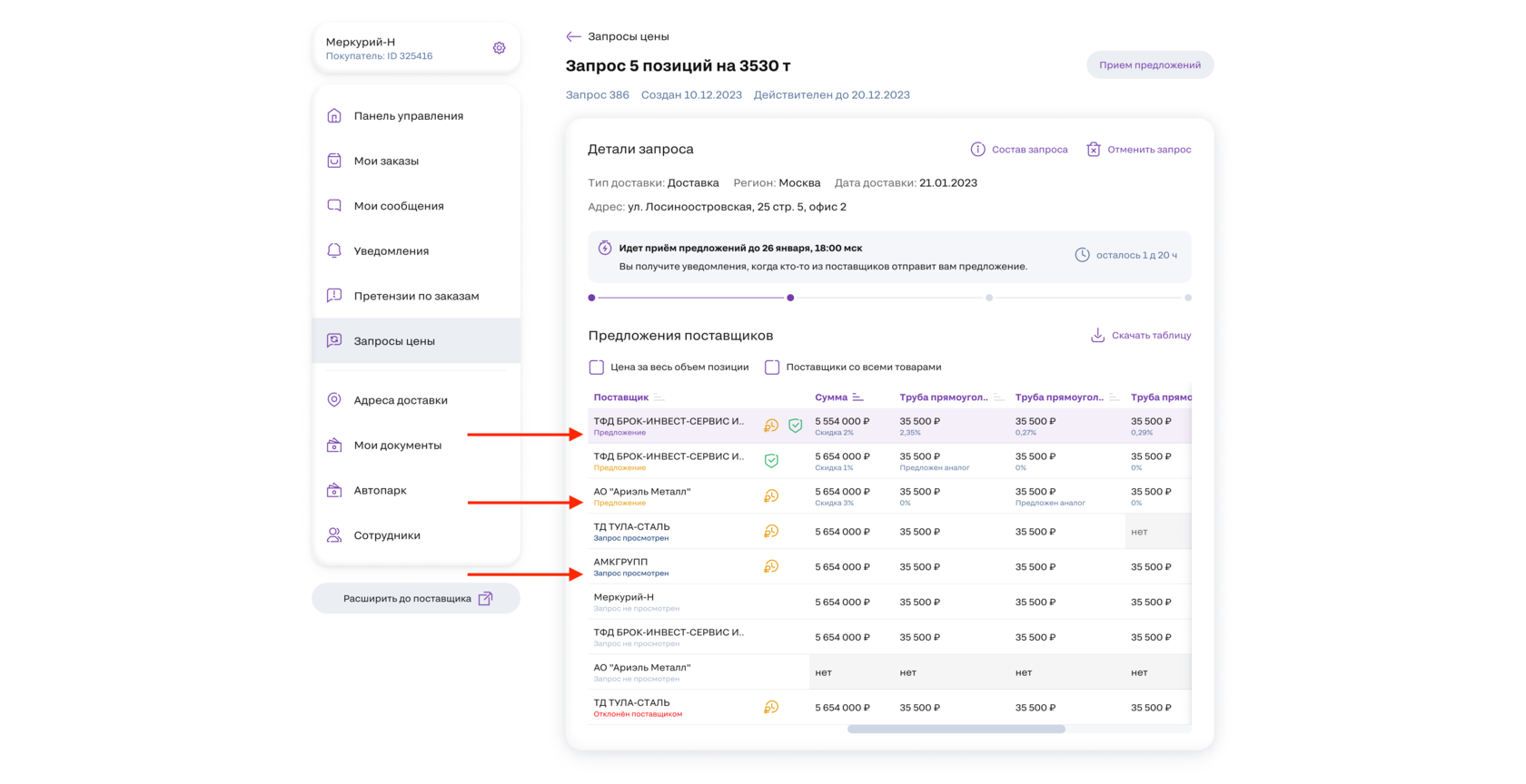 Статусы ответа в личном кабинете