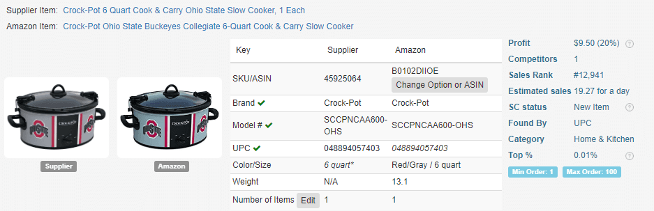 20% profit Crock-Pot Cooker for dropshipping from Walmart to Amazon
