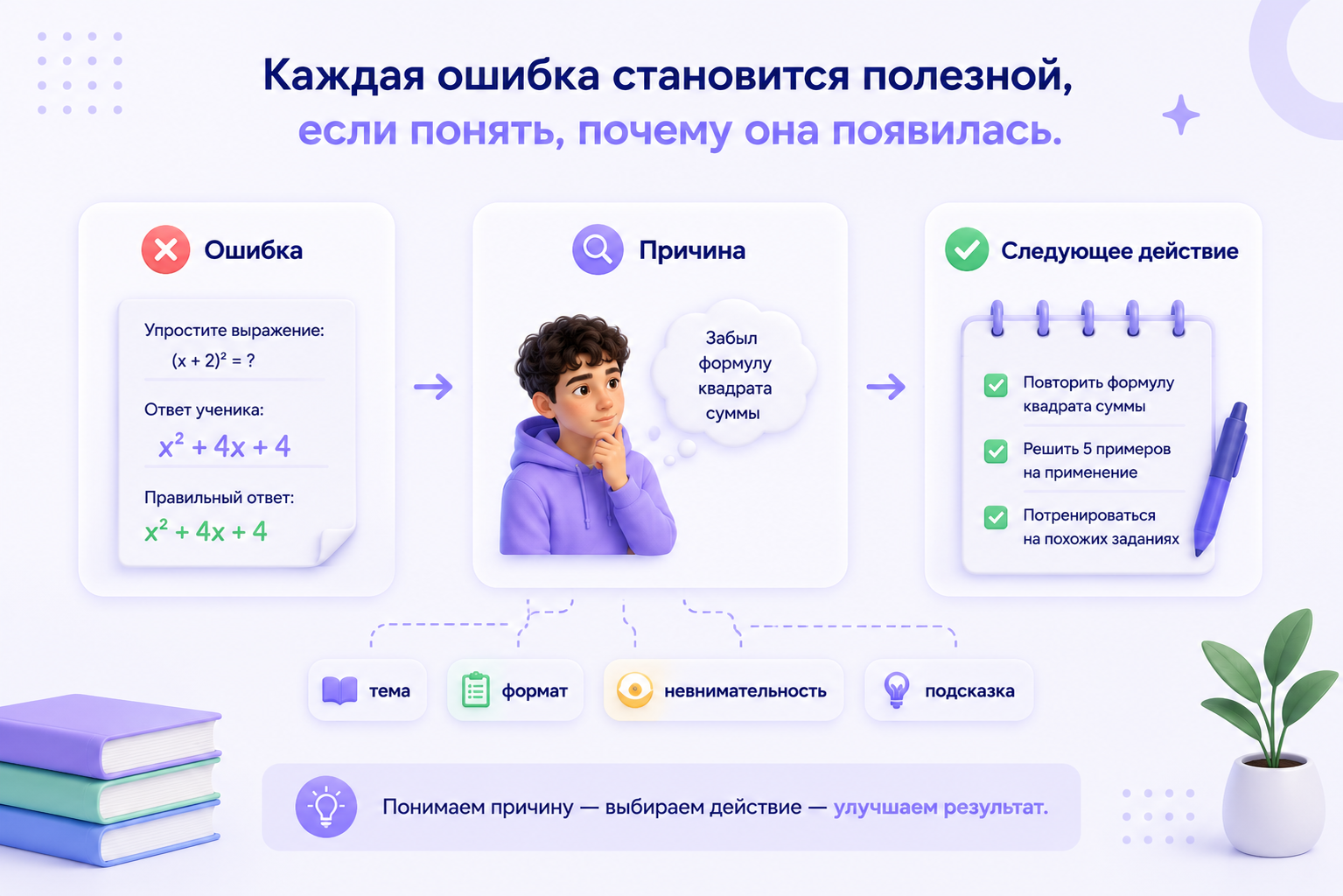 Инфографика, показывающая, как анализ ошибок помогает выявить причины пробелов в знаниях и выбрать правильный план подготовки к ОГЭ и ЕГЭ вместо механического исправления ошибок.