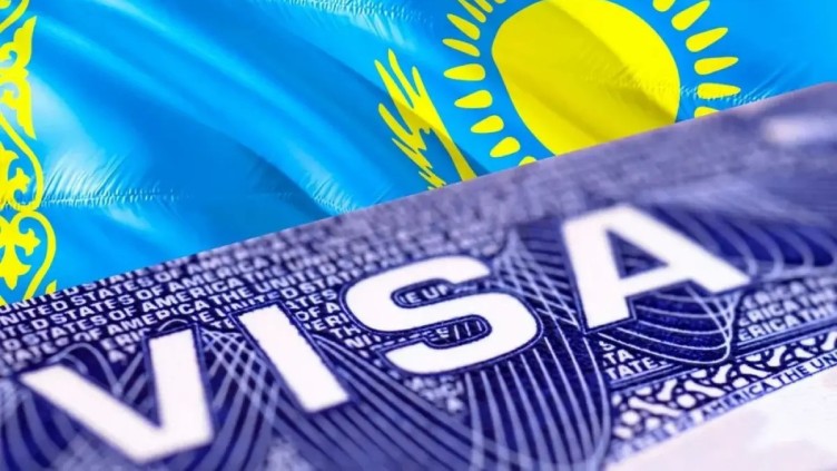 A graphic representation of Kazakhstan's map with visa stamps and related icons, symbolizing the country's visa processes and requirements.