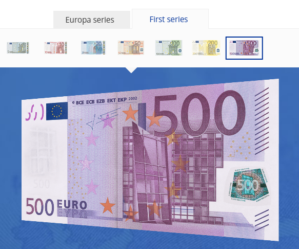 На сайте ЕЦБ можно посмотреть знаки защиты купюр евро любого номинала и серии выпуска