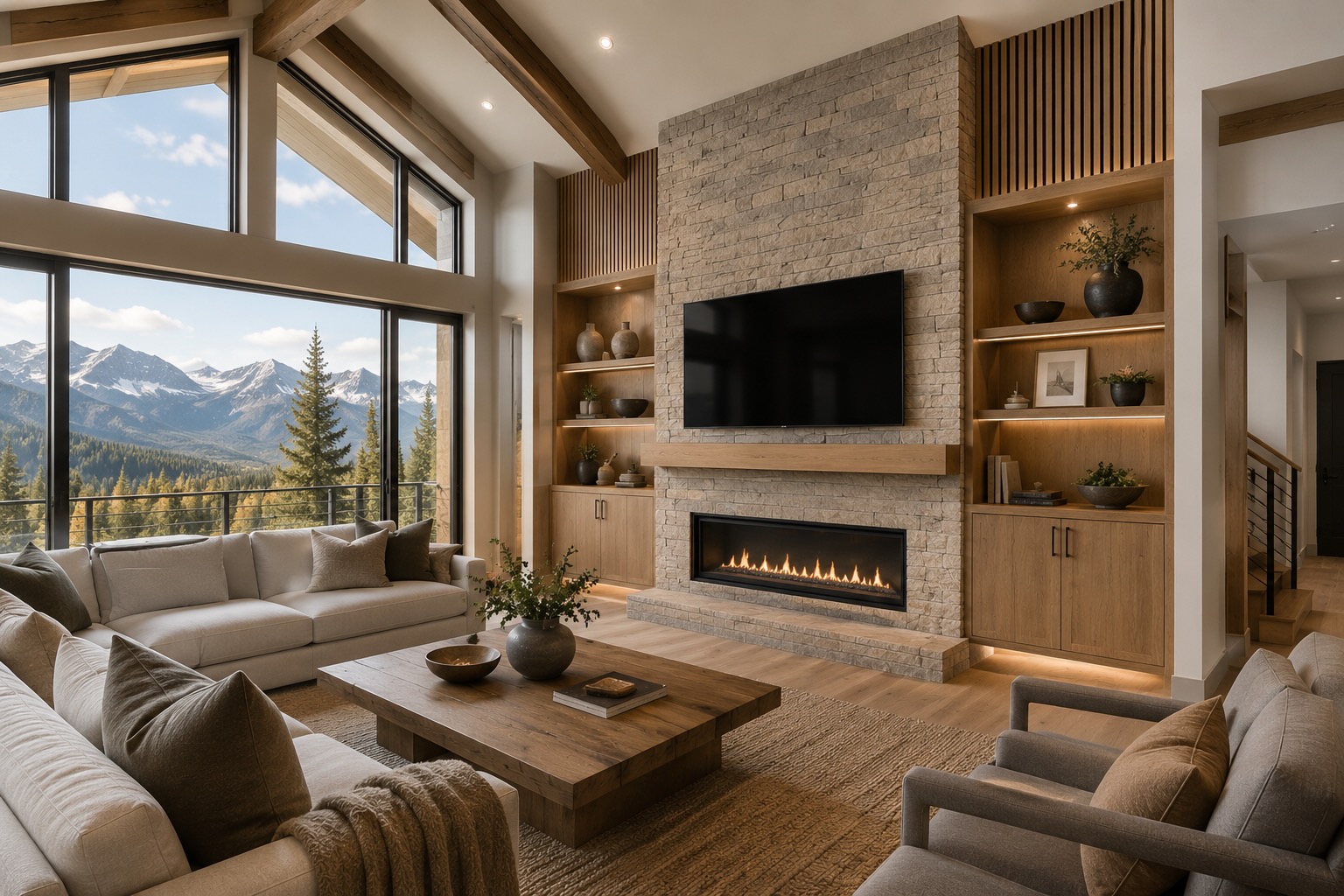 Mountain Modern Colorado living room featuring high ceilings, a stone fireplace, wood slat accents, and custom built-in cabinetry.