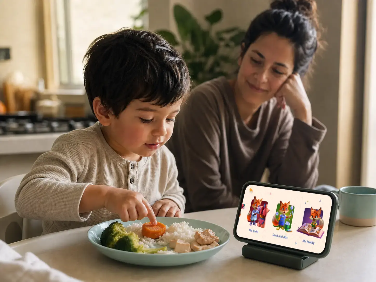 Child excitedly exploring vegetable as part of FirstGadget Kitchen Explorer quest — picky eater app for toddlers