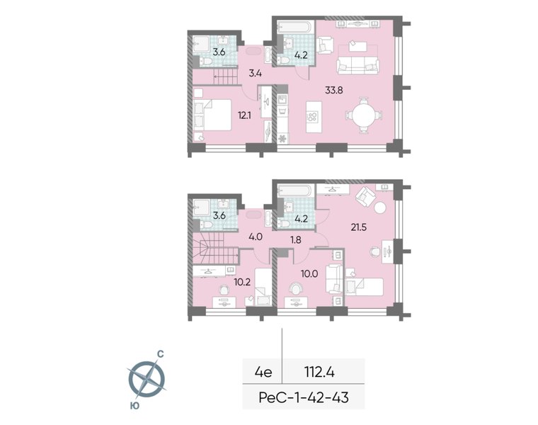 Планировка 4-комнатной евроквартиры 112,4 м² в доме «СПАРК» (ЗИЛАРТ): дом 21, 42-й этаж