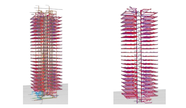 Инженерные системы водоснабжения и канализации (слева) и отопления (справа) блок-секции, смоделированной в Renga Professional.