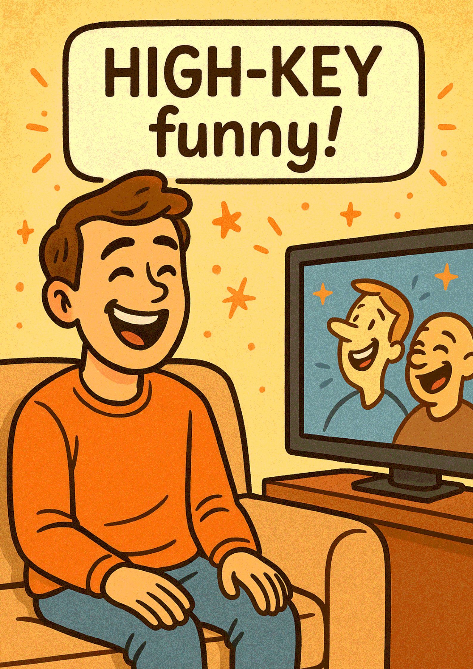 Комиксовая иллюстрация: парень смеётся и говорит «high-key funny» — пример употребления high-key в значении «открыто», «на всю катушку».