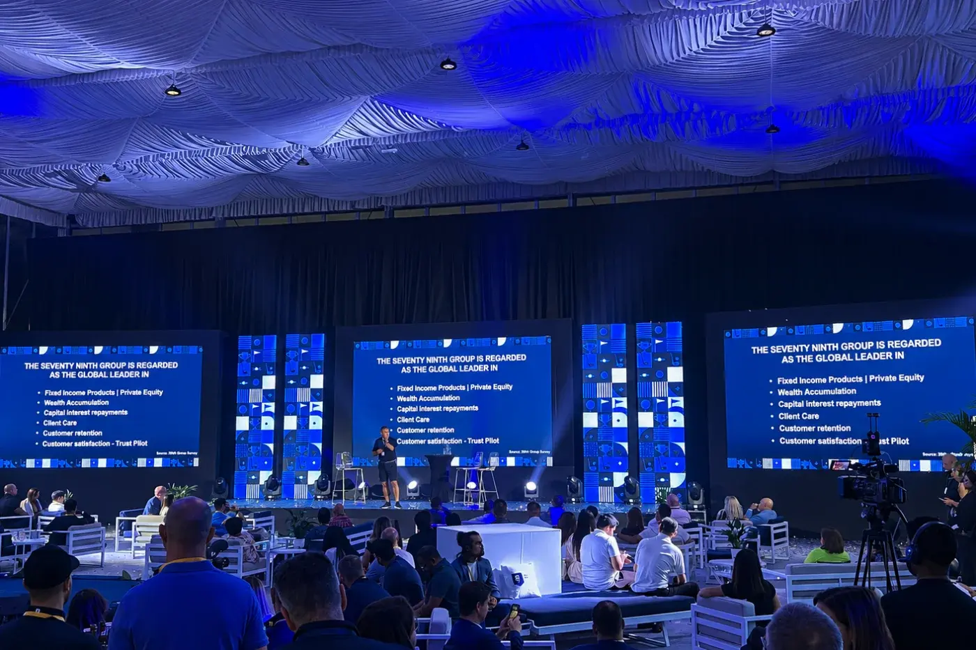 Wide LED backdrop with a speaker stage and delegate tables