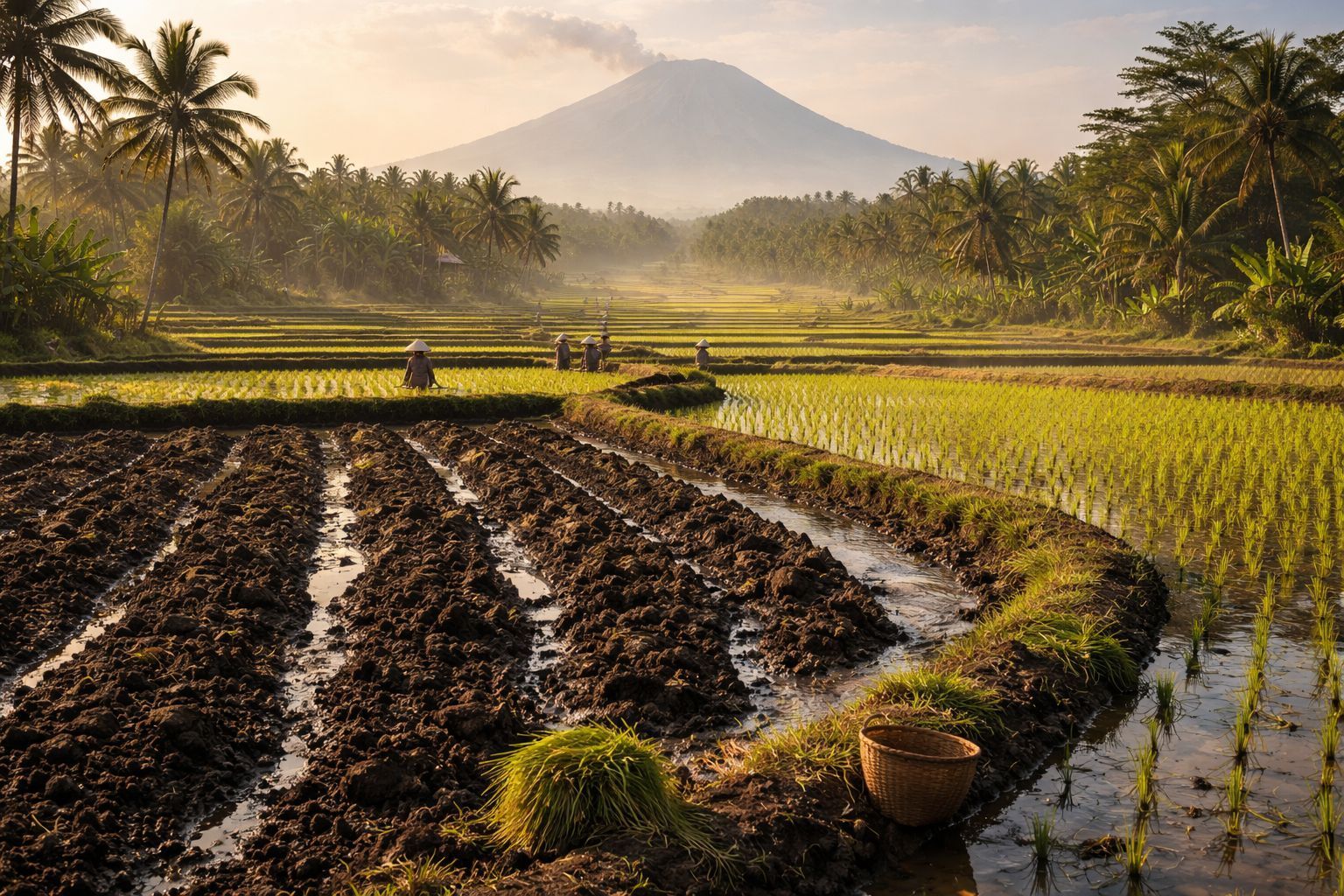 Sawah hijau subur di kawasan tropis dengan latar gunung dan para petani, menggambarkan hubungan antara lanskap vulkanik dan pertanian produktif di Indonesia