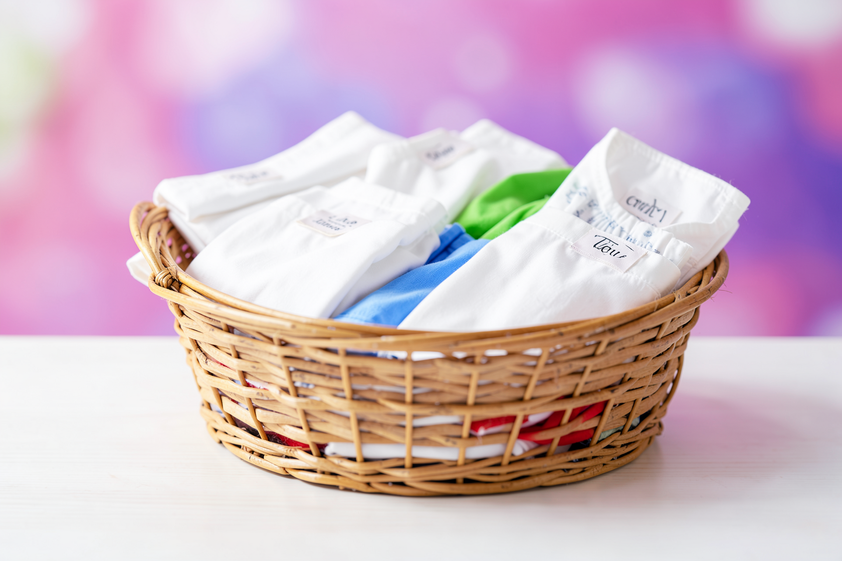 Basket of sorted white clothes on a wooden surface with labels visible (no brand names), folded whites and separated delicates, bright natural light