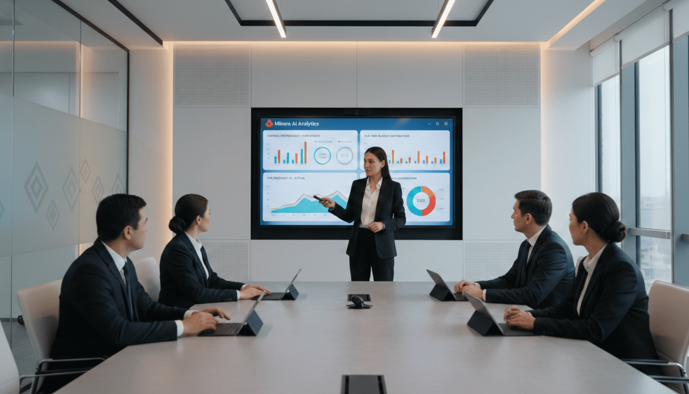 Enterprise CMO presenting autonomous media buying ROI results to leadership team in Tashkent boardroom, showing predictive CPA data and real-time marketing budget optimization metrics.