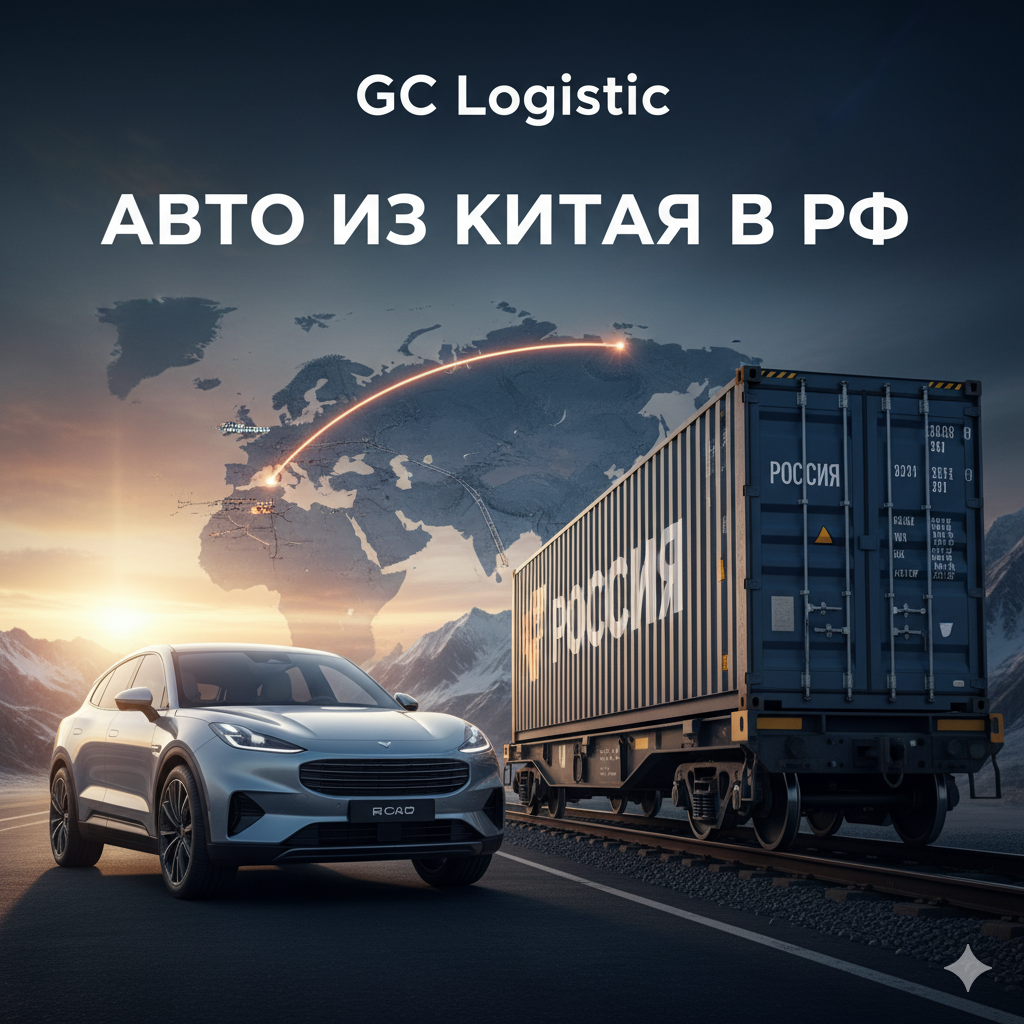 Динамичное изображение, показывающее путь автомобиля из Китая в Россию: погрузка в китайском порту и прибытие в Россию.