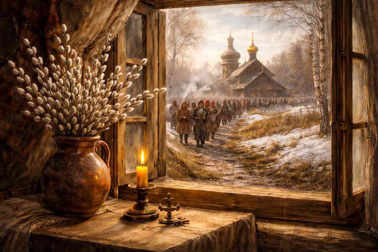 Вербное воскресенье: ветки вербы на подоконнике деревенского дома и русская деревня у церкви ранней весной