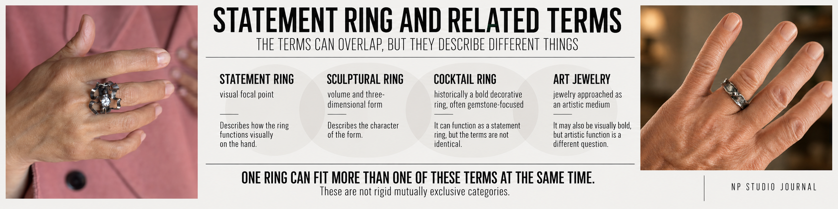 Infographic explaining the differences and overlap between statement rings, sculptural rings, cocktail rings and art jewelry