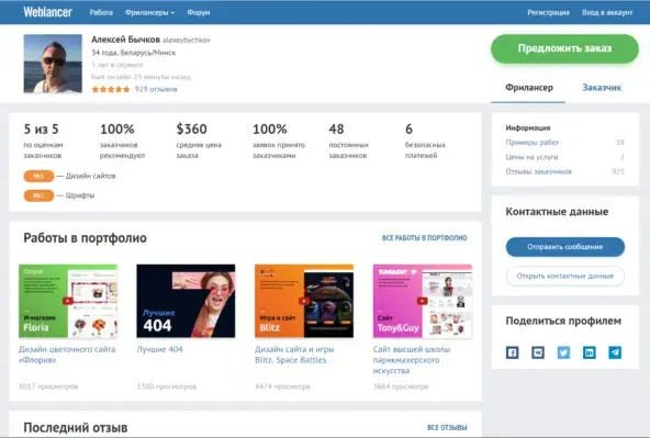 Профиль на бирже weblancer