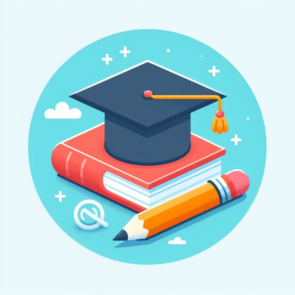 a flat icon of a graduation cap with a book and a pencil