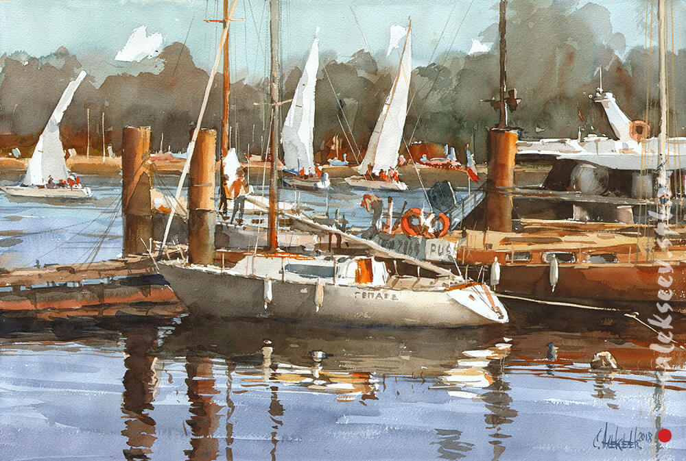 At the yacht club. 2018. Watercolor on paper, 36x56 cm