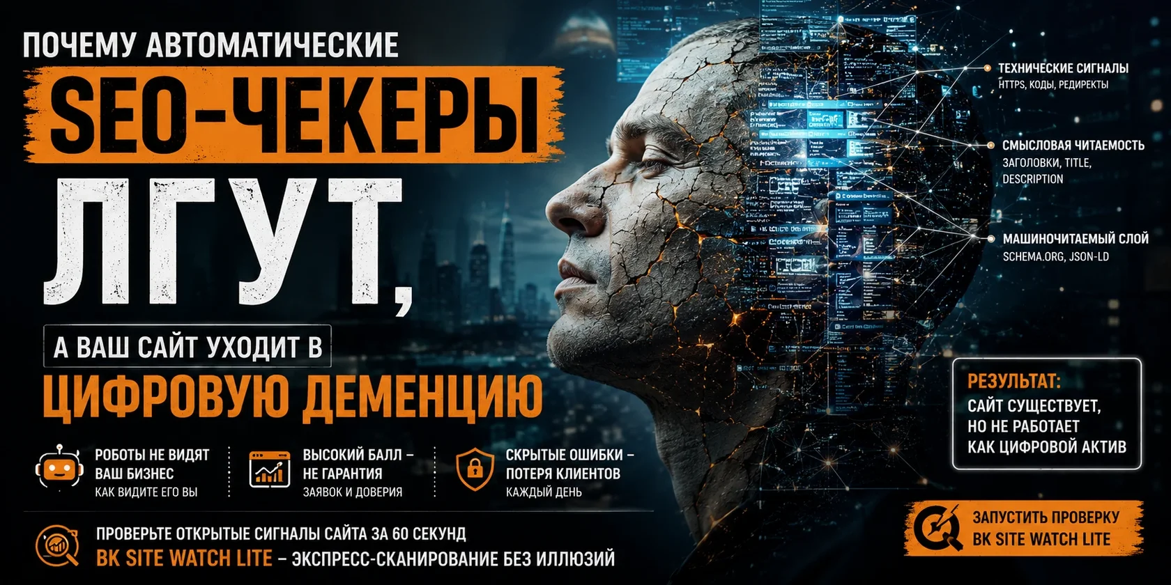 Графический баннер статьи об уязвимостях автоматического SEO-аудита с изображением каменного профиля человека, наполненного цифровым кодом, и презентацией чекера BK Site Watch Lite.