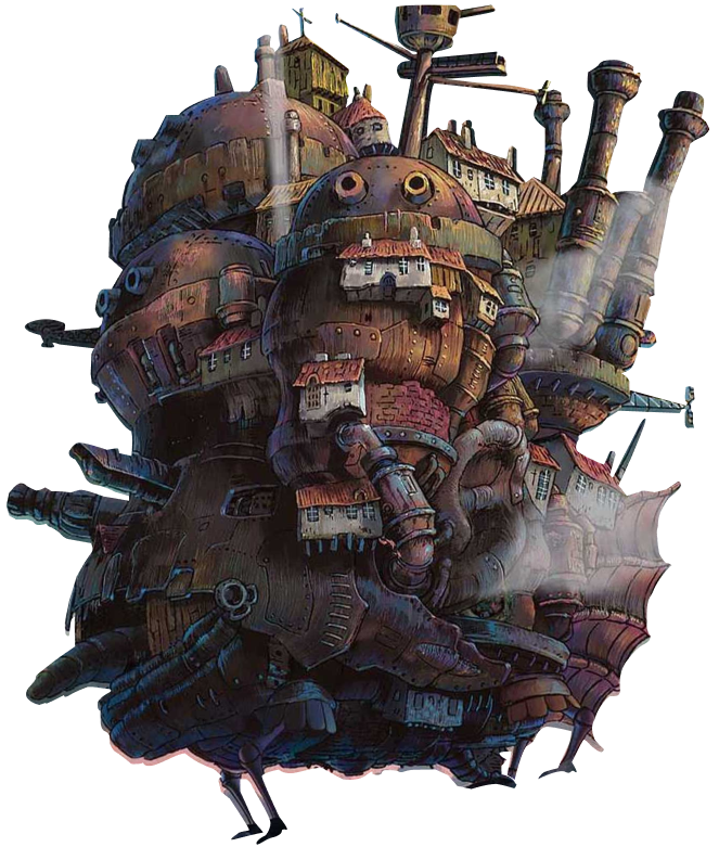a castle made of scraps on four legs moves along the screen