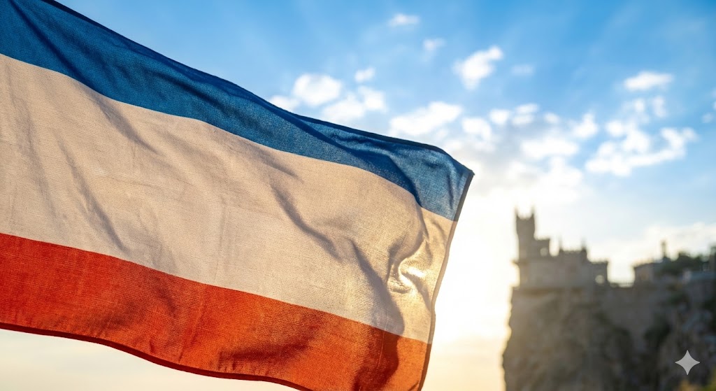 Развевающийся государственный флаг Республики Крым на фоне чистого неба и замка Ласточкино гнездо в день праздника 24 сентября.24 сентября Республика Крым чествует свои официальные государственные символы. Это не просто «датский» праздник, а точка отсчета