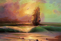 картина фрегат у морского берега 