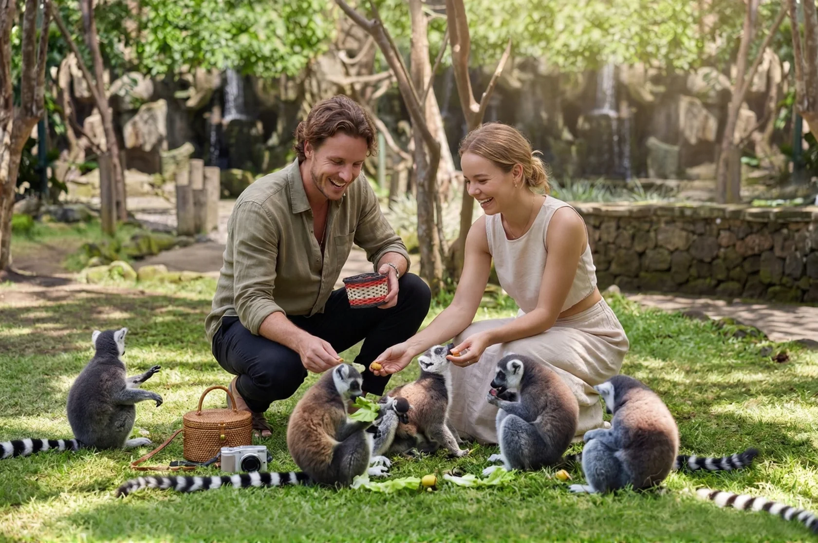 A smiling couple feeding lemurs on the grass during a fun daytime trip, highlighting one of the best places in Bali for a first date.