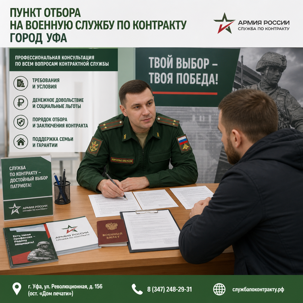 специалист пункта отбора по контракту в Уфе проводит консультацию с кандидатом — на столе документы, военный билет, бланки заявлений