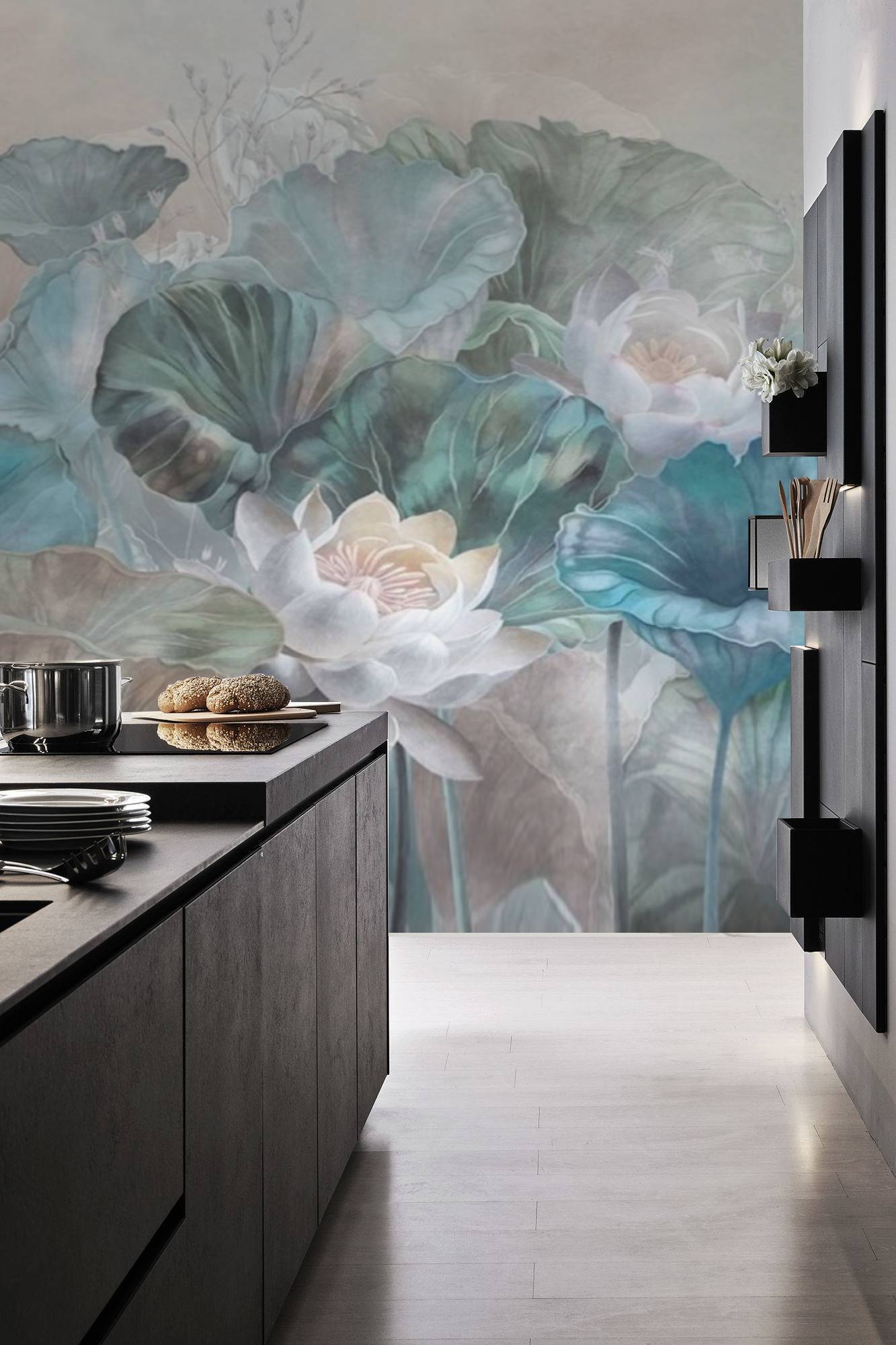 Купить красивую фреску на стену кувшинки, лилии, лотосы в пастельных тонах