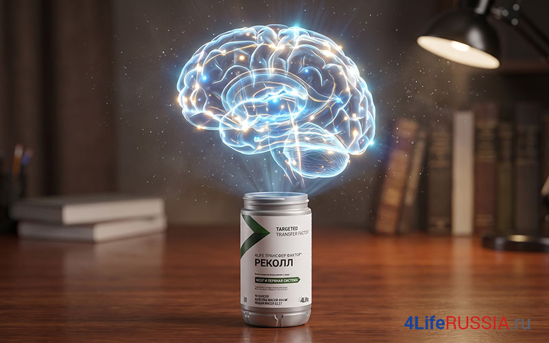 Банка 4Life Transfer Factor Recall на столе с визуализацией светящегося человеческого мозга символизирующей память концентрацию и работу нервной системы