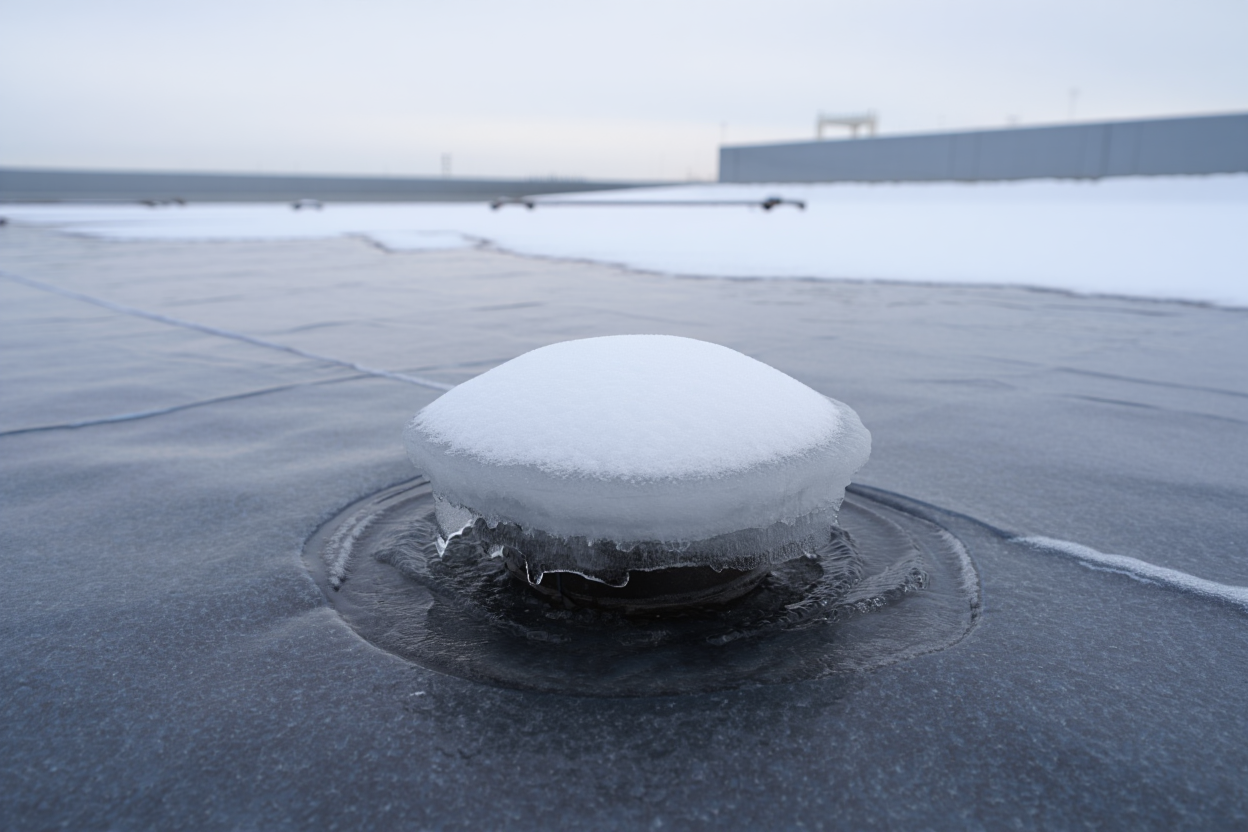 Ледяная пробка на водосточной воронке плоской кровли зимой из-за отсутствия обогрева
