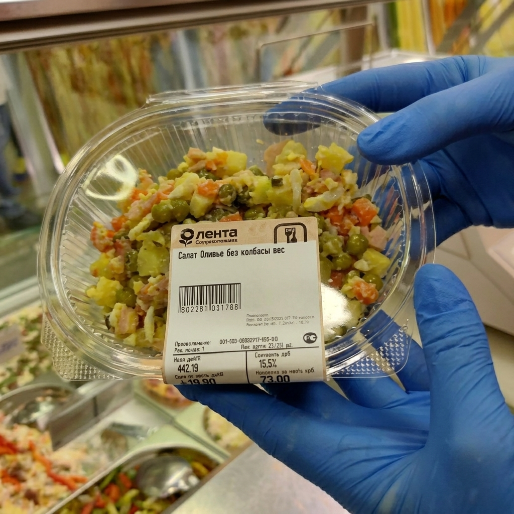 Наклеивание потребительской этикетки на контейнер с продукцией