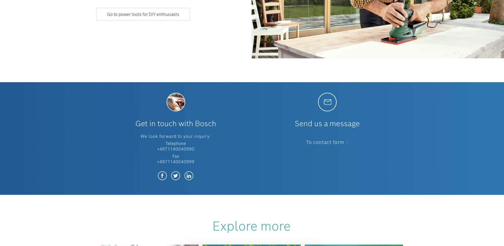 Блок для обратной связи размещается на всех основных страницах сайта Bosch.