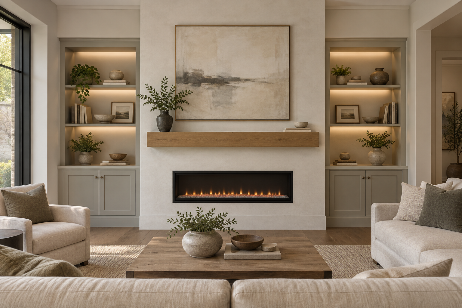 Timeless fireplace wall without a TV, featuring textured plaster, an oak mantel, abstract artwork, built-in cabinets, shelves, and warm lighting.