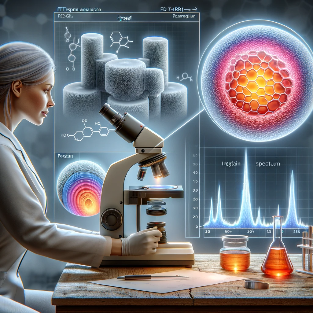 A scene in a laboratory with a female scientist (30-50 years old, Russian, reflecting interests in household, comfort, family, and education) observing a small hand model demonstrating a transparent, shiny hydrogel covering a small wound. Beside her, there's a scanning electron microscope displaying the enlarged structure of the hydrogel, showcasing microscopic particles of allantoin and the porous structure of pectin. The atmosphere includes elements suggesting glycerin and infrared spectrum, enriching the scene with a scientific vibe and detailed depiction emphasizing the research context and care for healing.