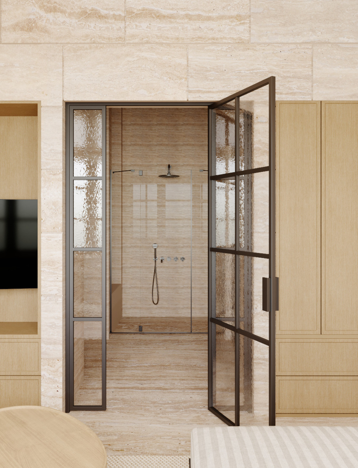 Травертин в spa-зоне, сантехника Fantini в интерьере дизайнера Екатерины Фёдоровой