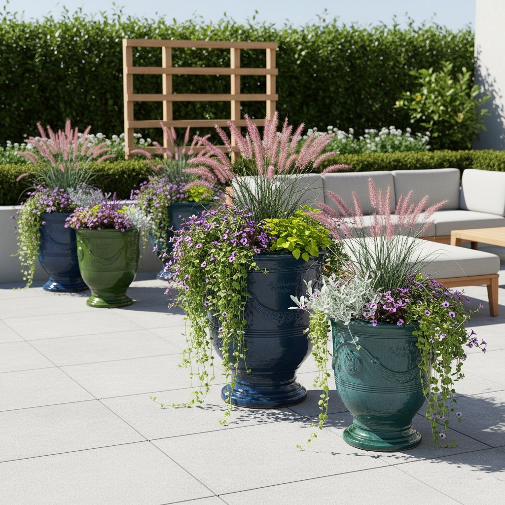 декоративные напольные кашпо с растениями на террасе